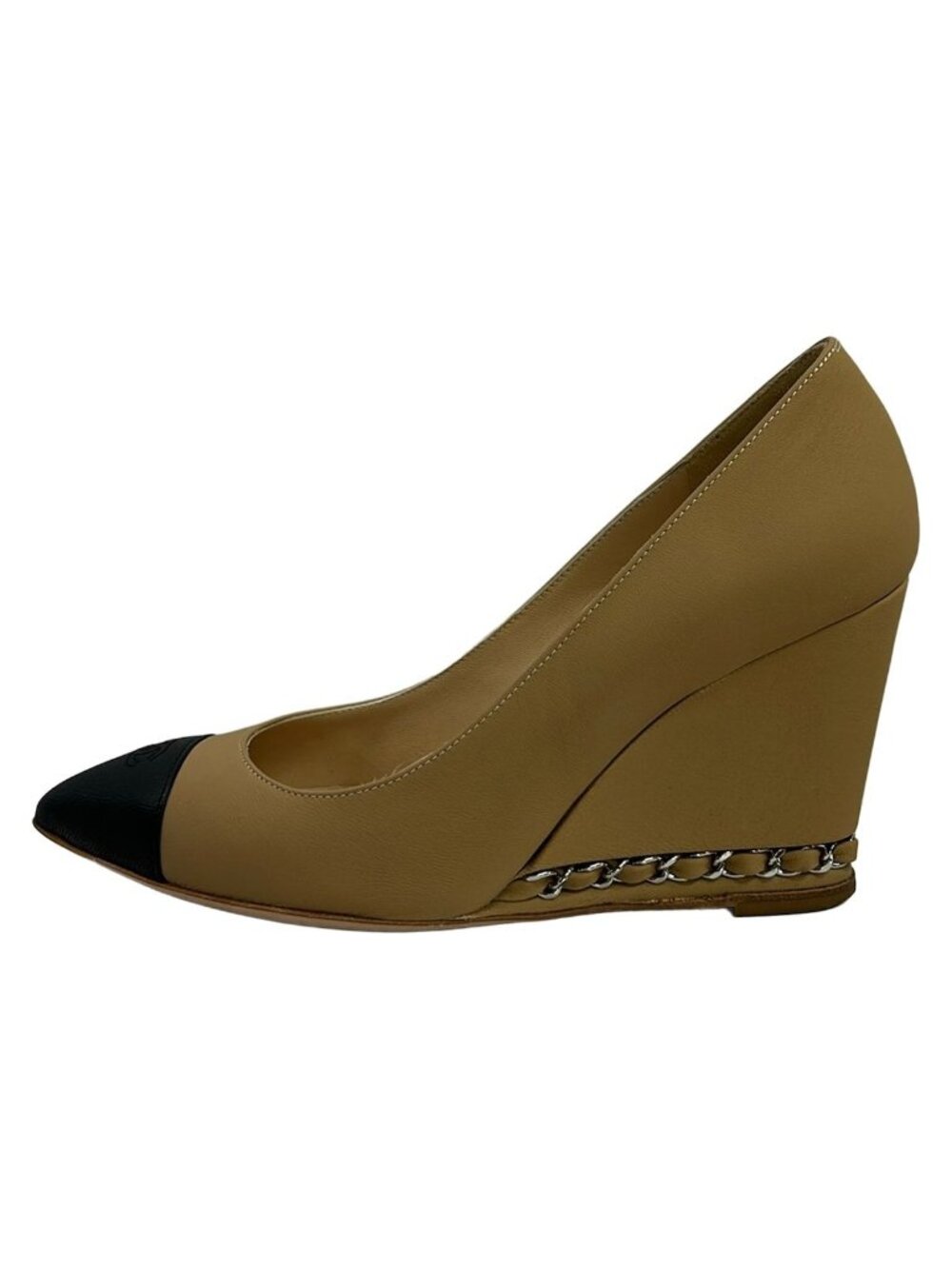 Chanel Pumps Beige Black CC Logo Wedge Sole Leather Heels